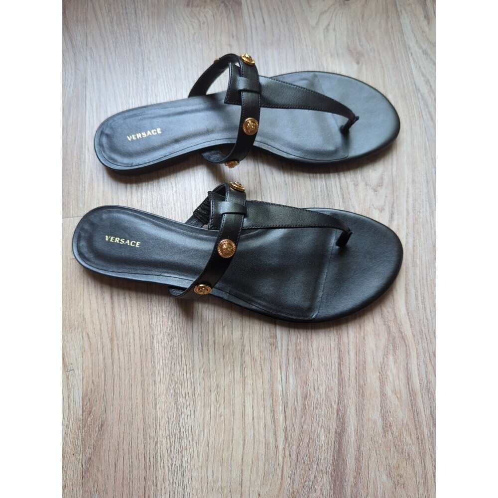 Versace Medusa Studs Flat Thong Sandals Black Leather Womens 10 EU 40 DST669CS - Picture 5 of 14